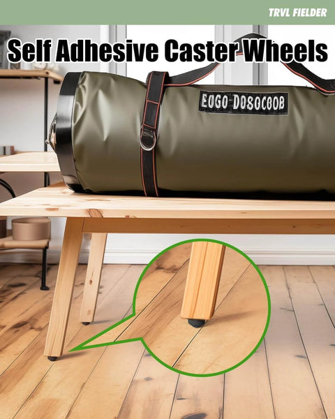 Table on hardwood floor with self adhesive caster wheels attached, supporting a large bag.