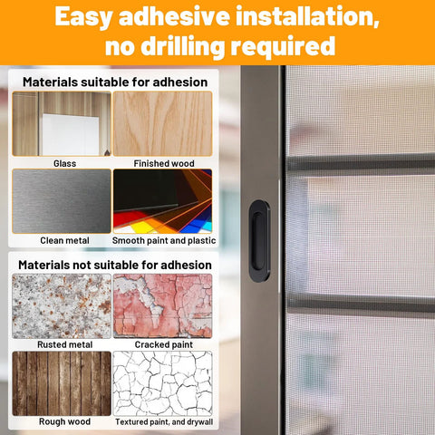 Self Stick Sliding Door Handles 4 Inch Black Aluminum Alloy Adhesive Flat Finger Pulls on glass door, showing materials suitable for adhesion.