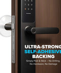 STRONGEST HOME Wall Protector for Door Knobs, 2-Inch Clear Self-Adhesive Door Stopper on wood door with text "Ultra-Strong Self-Adhesive Backing"