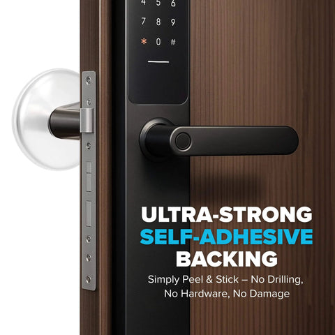 STRONGEST HOME Wall Protector for Door Knobs, 2-Inch Clear Self-Adhesive Door Stopper on wood door with text "Ultra-Strong Self-Adhesive Backing"