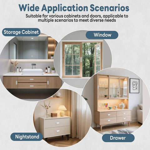 Image showing wide application scenarios for 2 Pack Self-Adhesive Drawer Pulls 4 Inch Aluminum Alloy Door Handles on cabinets and windows.