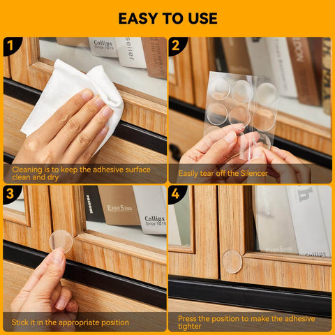 Steps for applying 9 Pack Wall Bumpers And Door Stoppers Set With Clear Round Cushions, Self Adhesive 35x35mm on a cabinet door.