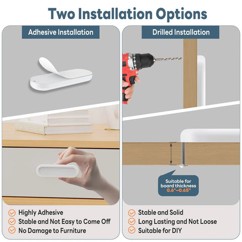 Comparison of two installation methods for 2 Pack Self-Adhesive Drawer Pulls 4 Inch Aluminum Alloy Door Handles for easy installation.