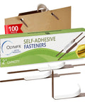 Premium Self Adhesive Prong Paper Fastener Bases 100 Pack Two And Three Quarters Inch Center packaging with fasteners visible