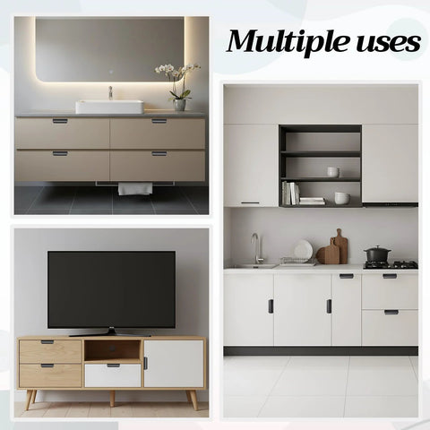 20 Pack Self Adhesive Finger Pulls For Cabinets No Drill Edge Pull Handles shown in bathroom, kitchen, and living room setup