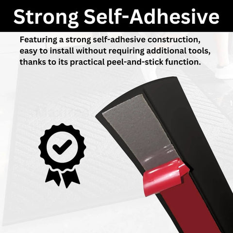 Close-up of floor transition strip self adhesive feature with black rubber edge, highlighting strong peel-and-stick function for uneven floors.