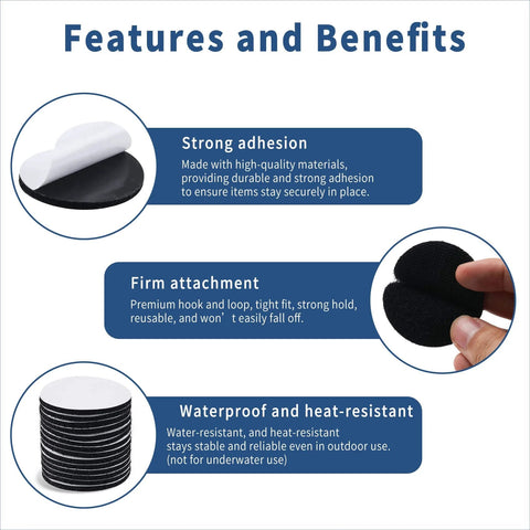 Features of 60 Pcs 2 Inch Hook And Loop Fasteners Self Adhesive Round Dots; includes adhesion, attachment, waterproof benefits.