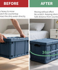 Demonstration of 8 Pack Metal Self Adhesive Caster Wheels on a storage box showing before and after moving with ease and protection.