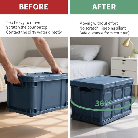 Demonstration of 8 Pack Metal Self Adhesive Caster Wheels on a storage box showing before and after moving with ease and protection.
