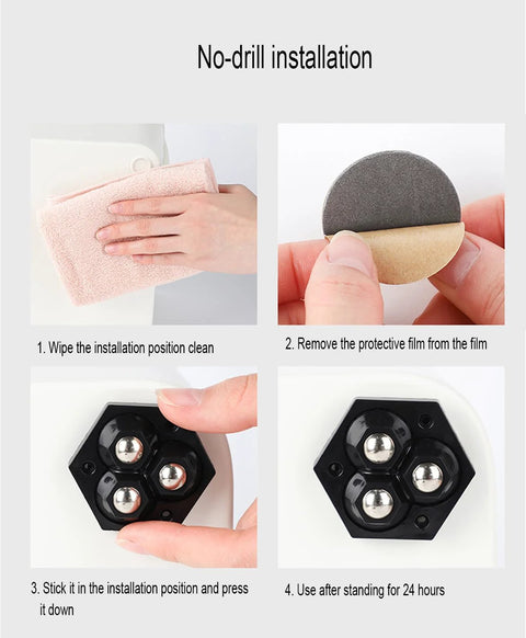 Self Adhesive Mini Caster Wheels For Small Appliances And Furniture Sliders Easy Non Destructive Installation With Strong Adhesive Tape shown in installation steps.