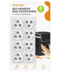 Packaging of 8-pack self adhesive mini caster wheels for kitchen appliances with a hand sliding an appliance