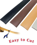 Self Adhesive Flat Floor Transition Strip, PVC Laminate, shown in multiple colors, easy to cut with scissors, for seamless transitions.