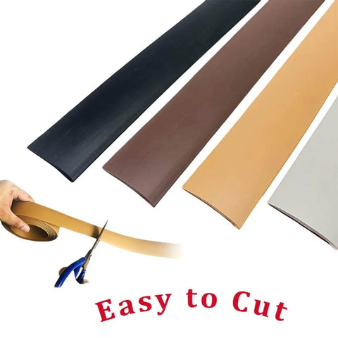 Self Adhesive Flat Floor Transition Strip, PVC Laminate, shown in multiple colors, easy to cut with scissors, for seamless transitions.