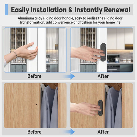 Before and after installation of 2 Pack 4 Inch Self Adhesive Sliding Door Handles Aluminum Alloy No Drill for closets, black finish