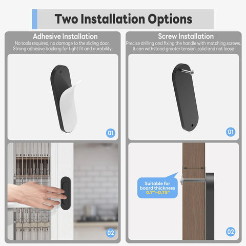 Adhesive and screw installation options for 2 Pack 4 Inch Self Adhesive Sliding Door Handles Aluminum Alloy No Drill Installation.