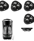 4 Pack Self Adhesive Swivel Caster Wheels With 20 Lb Load Per Wheel Low Profile Mobility Rollers For Furniture And Storage Bins And Small Appliances Easy To Install And Move Heavy Objects shown with coffee maker for size comparison