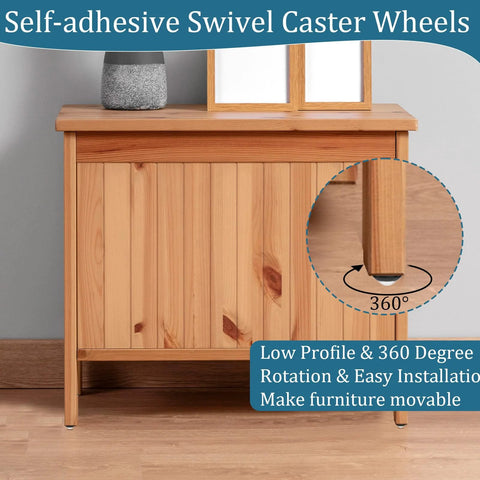 16 Pack Self Adhesive Caster Wheels, 360 Degree Rotating Metal Universal Mini Low Profile Swivel Wheels, 1 Inch installed on wooden furniture.