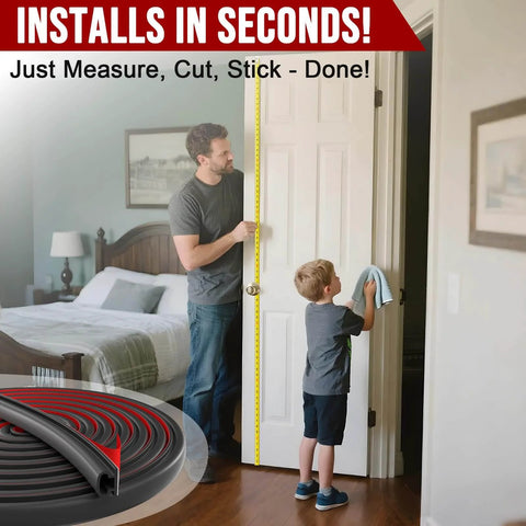 Installing Weather Stripping Door Seal - 23 Ft Self-Adhesive TPE Rubber Door Seal Strip for Door Frame in a bedroom.
