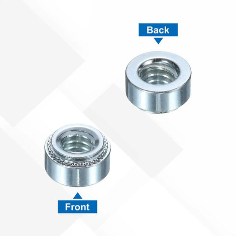 Front and back view of Self Clinching Nuts 200 Piece Set With One Quarter Twenty UNC Thread Zinc Plated Carbon Steel Rivet Nuts.
