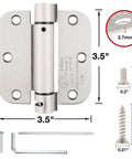 Self Closing Door Hinges 3.5 Inch Heavy Duty Satin Nickel Finish Built To Last With 5/8 Inch Radius, product dimensions and screws shown