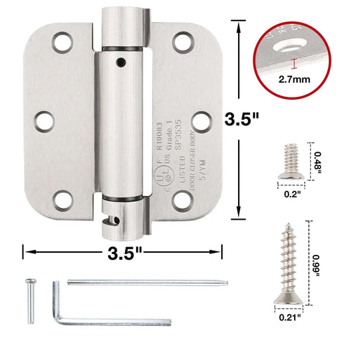Self Closing Door Hinges 3.5 Inch Heavy Duty Satin Nickel Finish Built To Last With 5/8 Inch Radius, product dimensions and screws shown