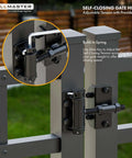 Close-up of Built Tough Self Closing Gate Hinges For Metal Vinyl PVC Wood Fence With Adjustable Tension, installed on a metal gate.