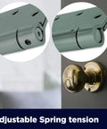 Close-up of self-closing slim spring hinges on a metal door with knob, showing adjustable spring tension for smooth operation.