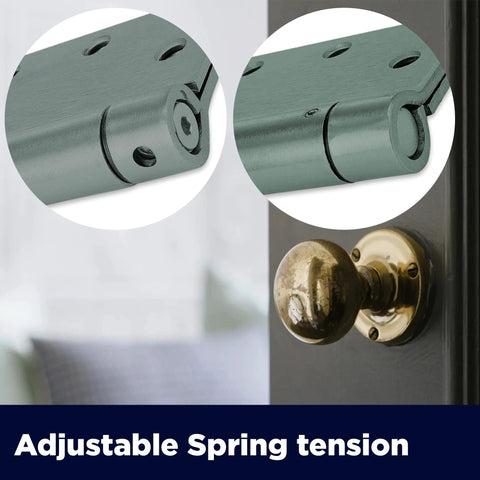 Close-up of self-closing slim spring hinges on a metal door with knob, showing adjustable spring tension for smooth operation.