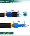 One Quarter Inch By Ten Foot Pro Grade Reinforced Polyurethane Air Hose with connectors and measurements diagram.