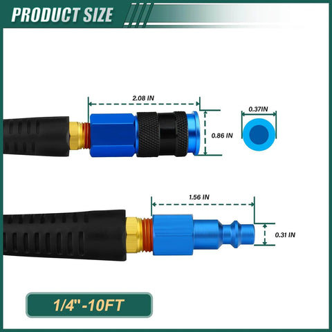 One Quarter Inch By Ten Foot Pro Grade Reinforced Polyurethane Air Hose with connectors and measurements diagram.