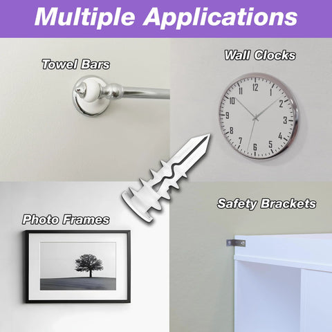 Applications for Self-Drilling Drywall Anchor For Hollow Walls And Ceilings, Glass-Filled Nylon With Jaws; towel bars, clocks, frames.