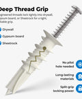 #8 Self Drilling Drywall Plastic Anchors with Screws, No Pre Drill Needed, Heavy Duty 75 lb Rating, Deep Thread Design