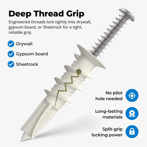 #8 Self Drilling Drywall Plastic Anchors with Screws, No Pre Drill Needed, Heavy Duty 75 lb Rating, Deep Thread Design
