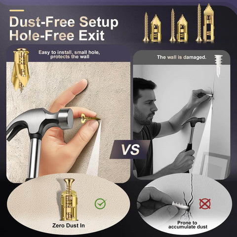 Comparison of 80pcs Self Drilling Drywall Anchors and Screws Kit with traditional methods, highlighting dust-free setup and wall protection.