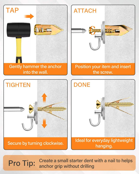 Step-by-step installation guide for 100 pcs self drilling drywall anchors and screws kit with 4 size metal expansion anchors.