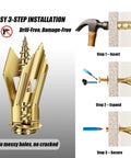 Illustration showing 360pcs Self Drilling Drywall Anchors and Screws Kit with 4 Sizes, highlighting easy 3-step install process.