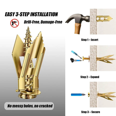 Illustration showing 360pcs Self Drilling Drywall Anchors and Screws Kit with 4 Sizes, highlighting easy 3-step install process.