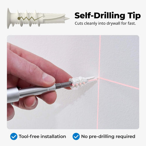 #8 Self Drilling Drywall Plastic Anchors with Screws, No Pre Drill Needed, Heavy Duty 75 lb Rating being drilled into drywall