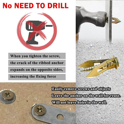 Image demonstrating 410 pcs self drilling drywall anchors and screws kit with no drill installation on a wall surface.