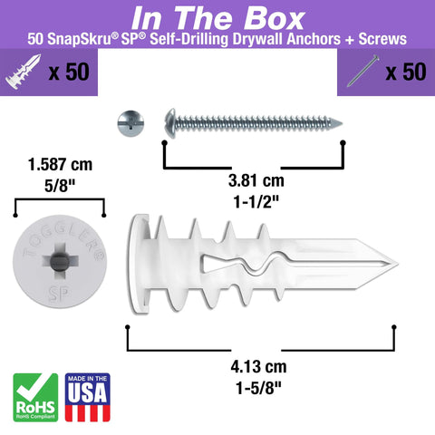 Self-Drilling Drywall Anchor For Hollow Walls And Ceilings, Glass-Filled Nylon With Jaws, includes 50-pack and screws, Made in USA
