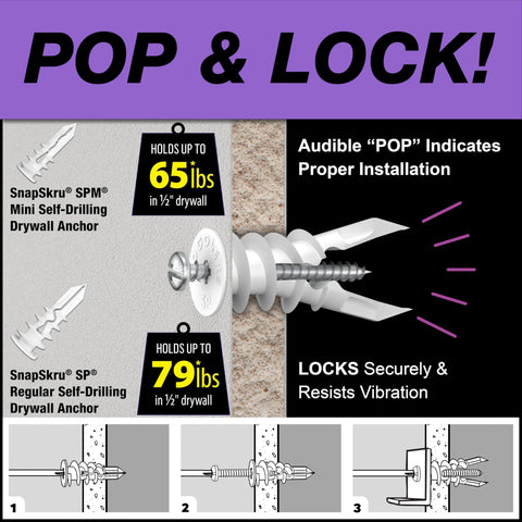 Self-Drilling Drywall Anchor For Hollow Walls And Ceilings, Glass-Filled Nylon With Jaws For Firm Grip, No Pre-Drill Required, Fits Size 6 To 10 Screws, 50 Pack With Screws, Made In USA, 79 Lb Tensile Strength illustrated in use.