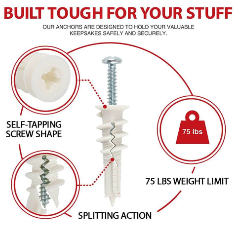 Diagram of 120 pcs #8 self drilling drywall anchors and screws kit with 75 lb capacity, highlighting self-tapping and splitting features.