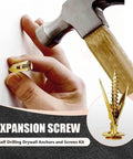 Self Drilling Drywall Anchors with Screws Kit, 2025 Upgraded Direct Insertion Expansion Screw shown being installed in wall with hammer