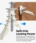 Close-up of #8 Self Drilling Drywall Plastic Anchors with Screws, split-grip design for 75 lb heavy duty use in drywall installation