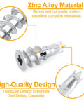 Zinc alloy self drilling drywall anchor close-up, part of 116 pcs self drilling drywall anchors and screws kit with 58 zinc alloy sheetrock anchors and 58 #6 x 1-1/4 inch screws shatter resistant design holding up to 50 lb for drywall wall mounting