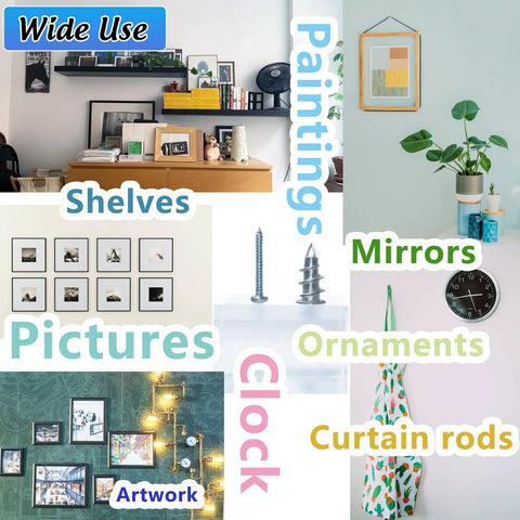 Collage of home decor items with "Self Drilling Drywall Anchor Kit With Screws For Drywall Plaster And Sheetrock, 25 Zinc Wall Anchors."