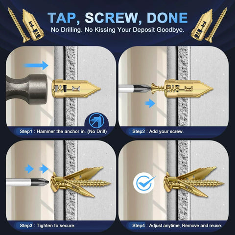 Installation steps for 160 pcs self drilling drywall anchors and screws kit with 3 anchor sizes, no pre drilling needed, secure hold.