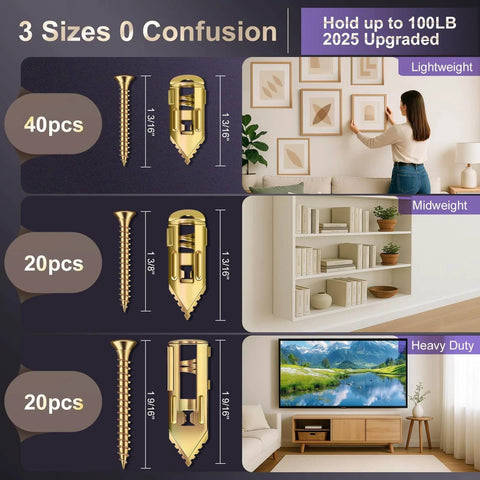 Image showing 80pcs Self Drilling Drywall Anchors and Screws Kit, 2025 Upgraded 3 Sizes Heavy Duty Wall Anchors Kit Zinc Plated Steel for various weights.