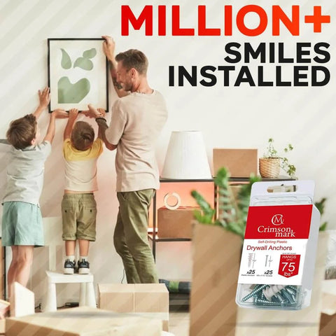 Family installing picture with 120 pcs #8 self drilling drywall anchors and screws kit in living room, package visible in foreground.