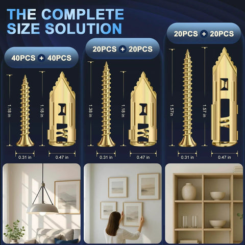 160 pcs self drilling drywall anchors and screws kit with 3 anchor sizes made from premium zinc plated manganese steel no pre drilling design holding over 100 lb for shelves TVs cabinets and wall mounting.